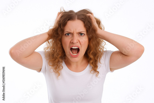Wütende junge schreiende Frau isoliert auf weiß