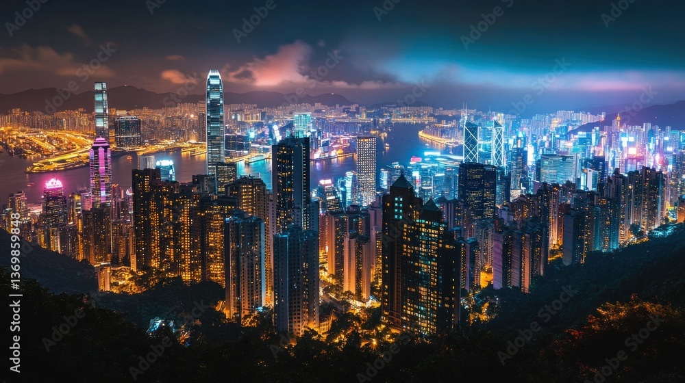 Obraz premium A vibrant city festival with skyscrapers illuminated at night