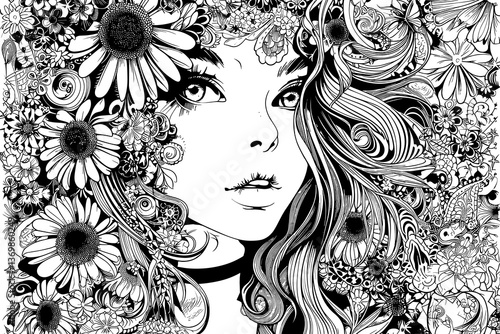 Woman with long hair and a flower crown on her head. She has a very serious expression on her face. vector