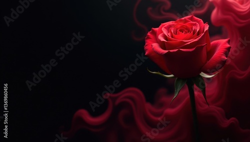 Crimson smoke swirls enveloping a single red rose, black backdrop, abstract, beauty