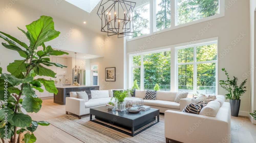 Fototapeta premium Modern living room, large windows, natural light, spacious interior, for interior design inspiration