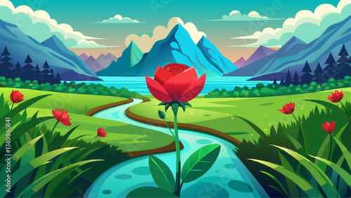A red bloom sits in a verdant field's heart, by a water body and distant mountains