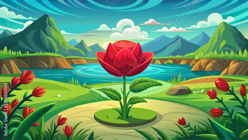 A red bloom sits in a verdant field's heart, by a water body and distant mountains