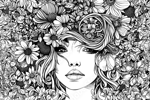 Woman with long hair and a flower crown on her head. She has a very serious expression on her face. vector