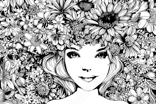 Woman with long hair and a flower crown on her head. She has a very serious expression on her face. vector