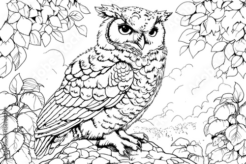 Vector illustration for coloring book. A drawing of a large owl perched on a branch. The image has a peaceful and serene mood, as the owl is surrounded by nature