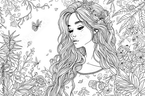 Woman with long hair and a flower crown on her head. She has a very serious expression on her face. vector
