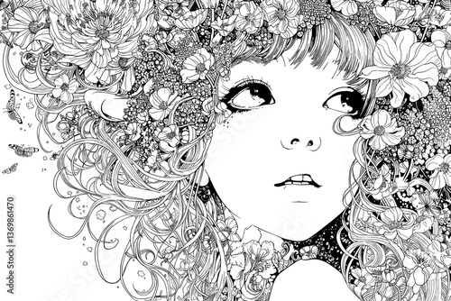 Woman with long hair and a flower crown on her head. She has a very serious expression on her face. vector