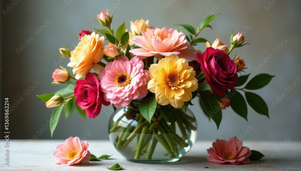 Lush blooms filling a beautiful glass container, flowers bouquet, mixed flowers Lush blooms filling a beautiful glass container, flowers bouquet, mixed flowers