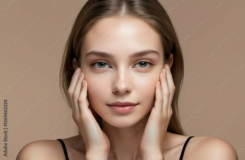 Close-up portrait of young beautiful smiling female touching cheeks with fingers as if applying skincare cream Close-up portrait of young beautiful smiling female touching cheeks with fingers as if applying skincare cream