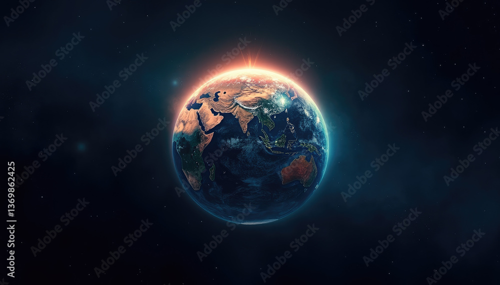 Obraz premium Earth viewed from space with sunrise glow, perfect for global awareness and environmental concept