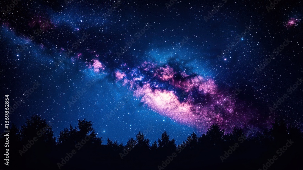 Fototapeta premium Milky Way Galaxy Over Silhouetted Forest at Night