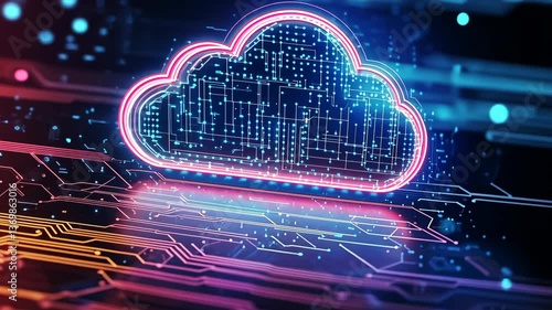 Digital cloud technology concept with glowing circuitry on a dark background at night