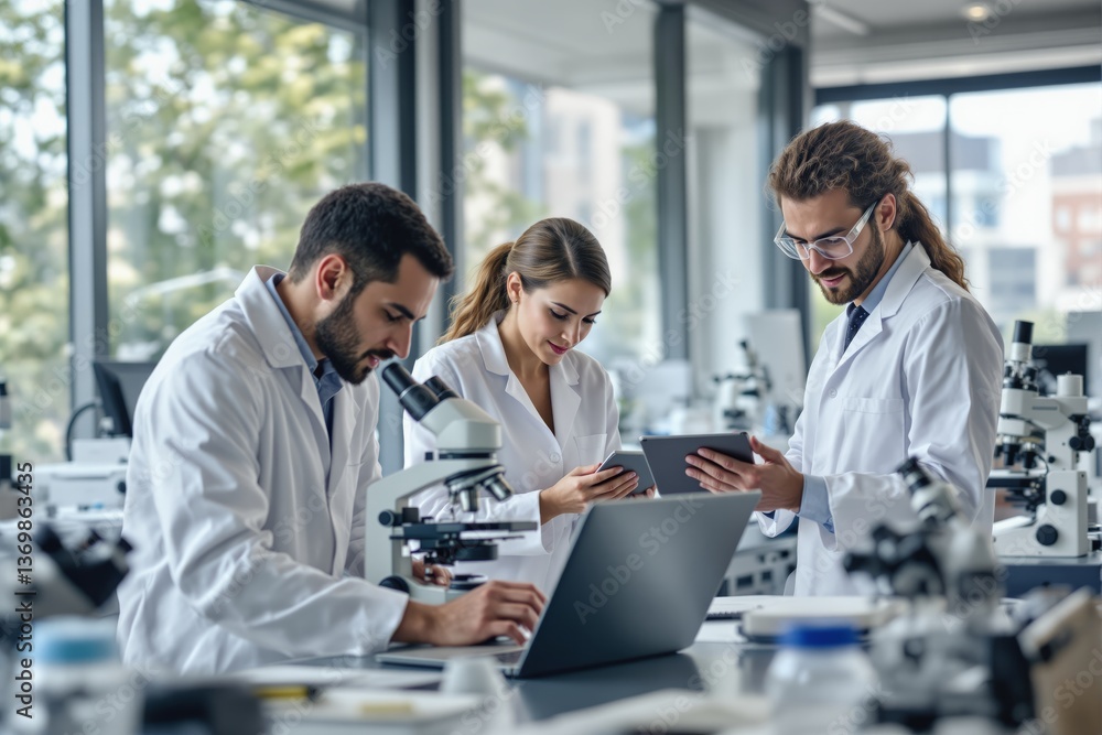 Scientists in lab coats using microscopes and digital tablets in a bright, modern laboratory with green outdoor background, concept of scientific teamwork. Ai generative Scientists in lab coats using microscopes and digital tablets in a bright, modern laboratory with green outdoor background, concept of scientific teamwork. Ai generative