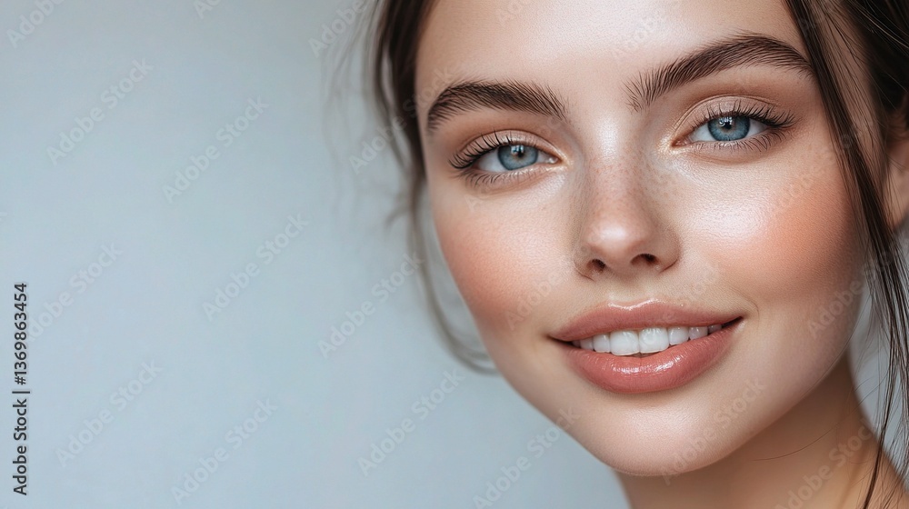 Fototapeta premium Beautiful Woman with Cute Smile and Natural Makeup in Soft Lighting