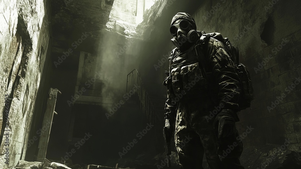 Post-Apocalyptic Survivor. Man With Gas Mask In Destroyed Building, Searching For Hope In A Dystopian Future. Post-Apocalyptic Survivor. Man With Gas Mask In Destroyed Building, Searching For Hope In A Dystopian Future.
