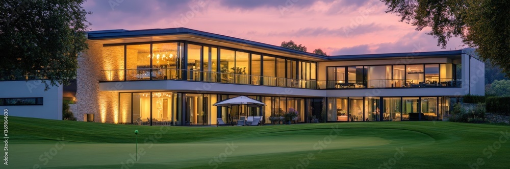 Fototapeta premium A large house with many windows sits on a lush green field