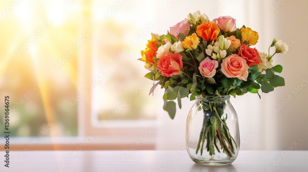 Fototapeta premium Vibrant Rose Bouquet in Glass Vase, Soft Sunlight. Floral, Home decor