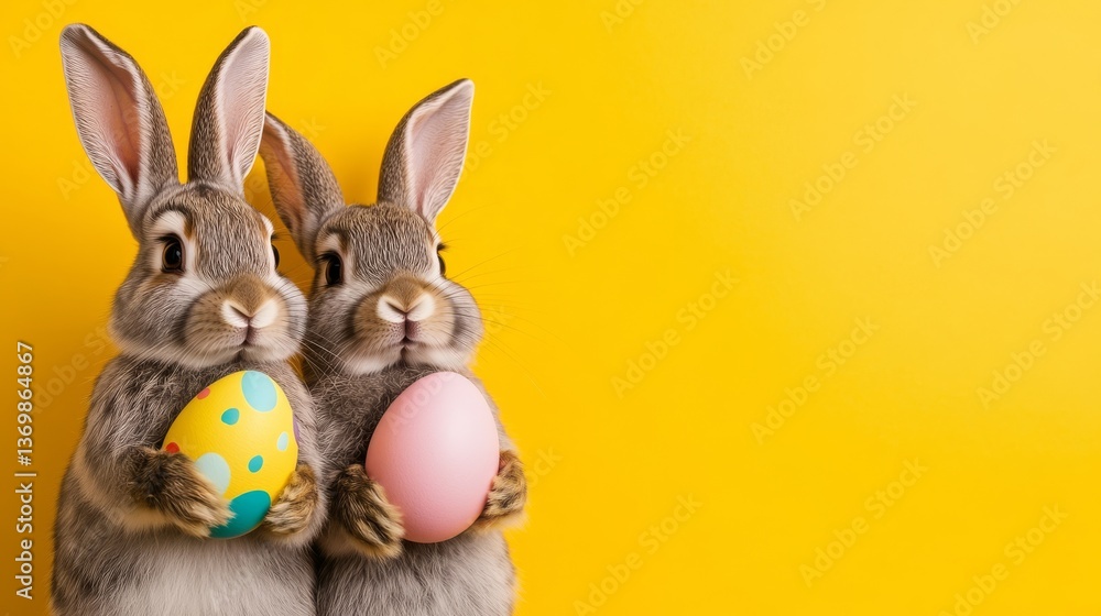 Fototapeta premium Two Easter Bunnies Holding Eggs, Yellow Background, Happy Easter, holiday