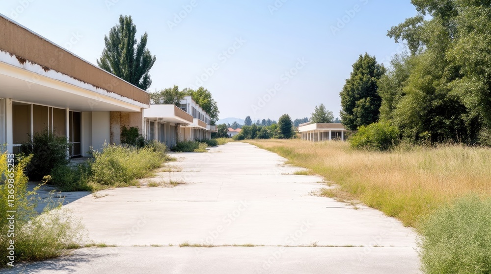 Abandoned motel row, overgrown, deserted. Empty concrete walkway, faded buildings Abandoned motel row, overgrown, deserted. Empty concrete walkway, faded buildings