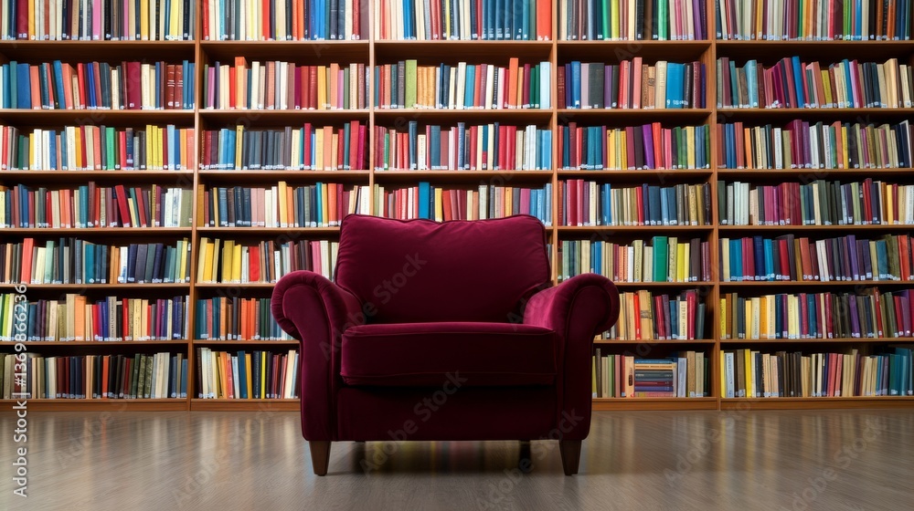 Reading Room Red Velvet Armchair in Library, Bookshelf Background, Reading , Study Reading Room Red Velvet Armchair in Library, Bookshelf Background, Reading , Study