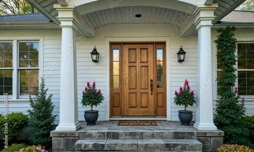 Classic wooden front door with columns and potted plants. 