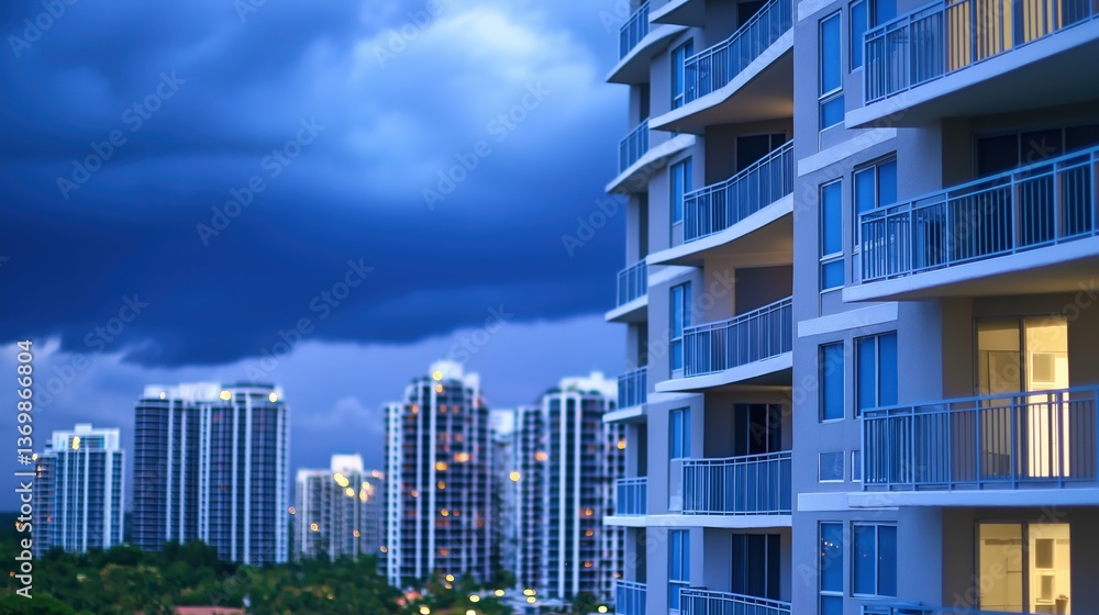 Fototapeta premium Modern Urban Skyline Under Dark Clouds