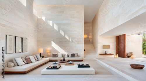 Sunlit minimalist living space with beige walls, low seating, and wooden accents