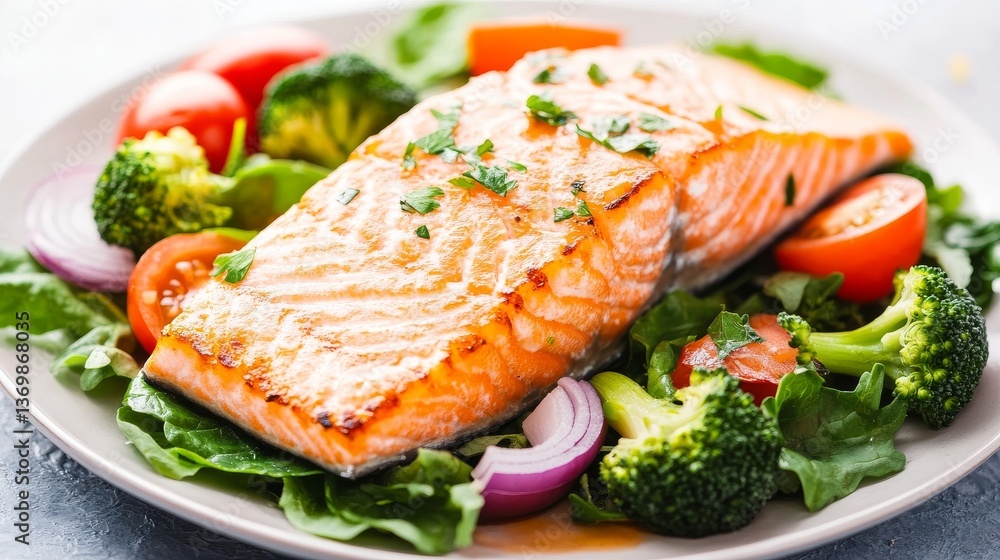Grilled Salmon with Fresh Salad Composition, Healthy Eating , Seafood Grilled Salmon with Fresh Salad Composition, Healthy Eating , Seafood