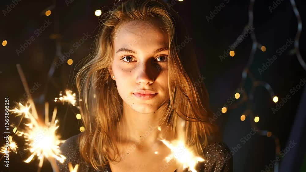 A young woman gazes directly at the camera, holding a sparkler that lights up her face, while twinkling lights create a warm, festive atmosphere in the background. A young woman gazes directly at the camera, holding a sparkler that lights up her face, while twinkling lights create a warm, festive atmosphere in the background.