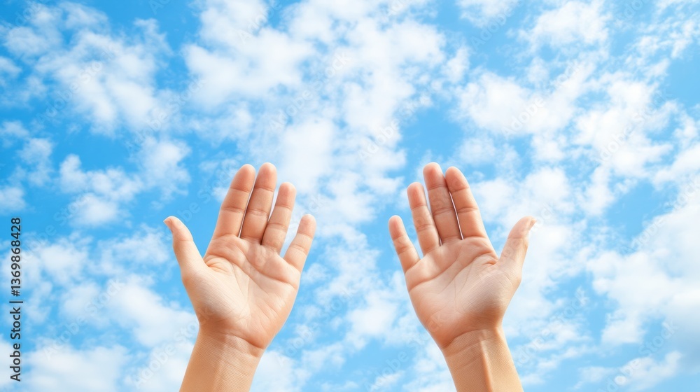 Two hands are raised towards the fluffy cloudy blue sky Two hands are raised towards the fluffy cloudy blue sky