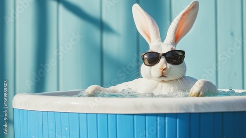 Wallpaper Mural Cool Bunny in Hot Tub Close-up of White Rabbit with Sunglasses Relaxing in Water, Animals , Vacation Torontodigital.ca