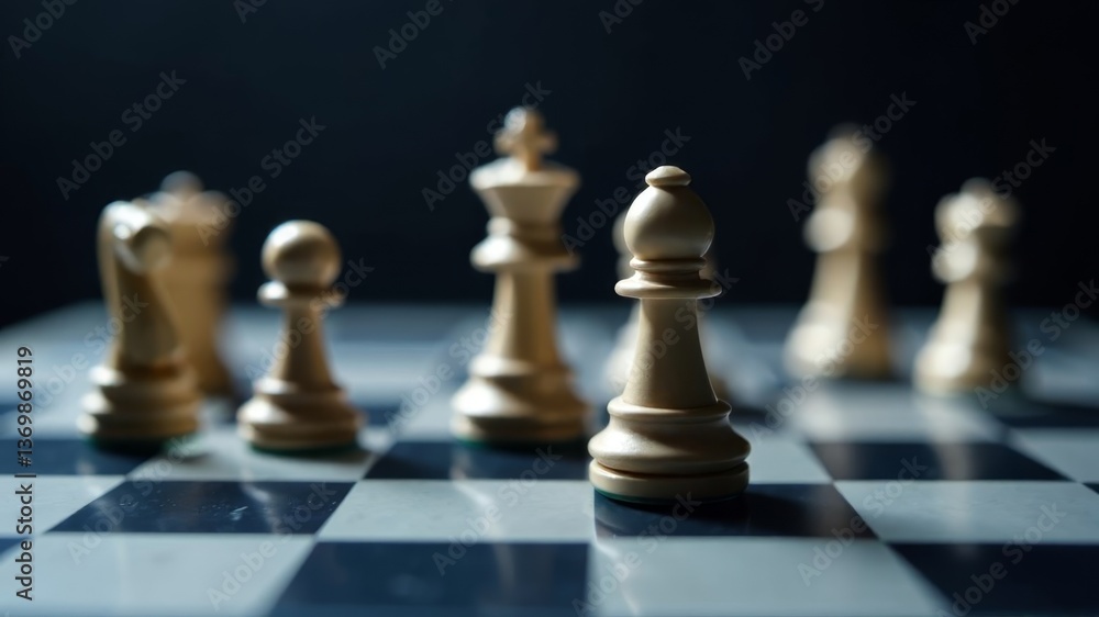 Close-up of black chess pieces on board with blurred background in soft light Close-up of black chess pieces on board with blurred background in soft light