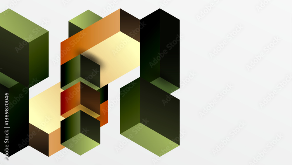 Sleek abstract design featuring isometric 3D blocks in a clean, modern composition. Perfect for tech-inspired themes, with vibrant colors and geometric precision Sleek abstract design featuring isometric 3D blocks in a clean, modern composition. Perfect for tech-inspired themes, with vibrant colors and geometric precision