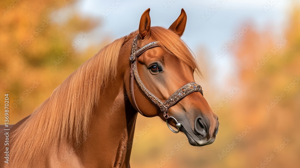Obraz premium Chestnut Beauty Portrait of an Arabian Horse with Ornate Bridle, equine , animal