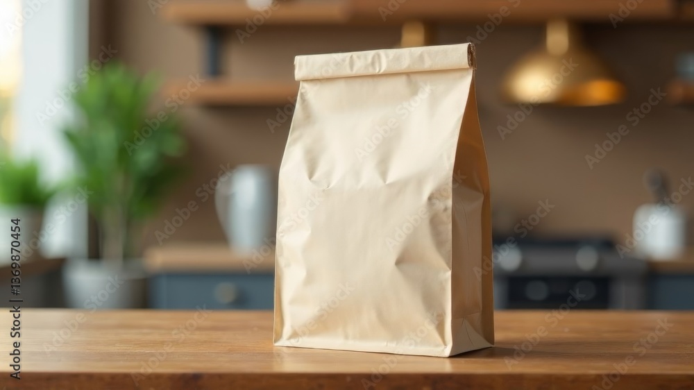 White blank coffee bag standing on wooden counter in cozy kitchen interior scene. White blank coffee bag standing on wooden counter in cozy kitchen interior scene.