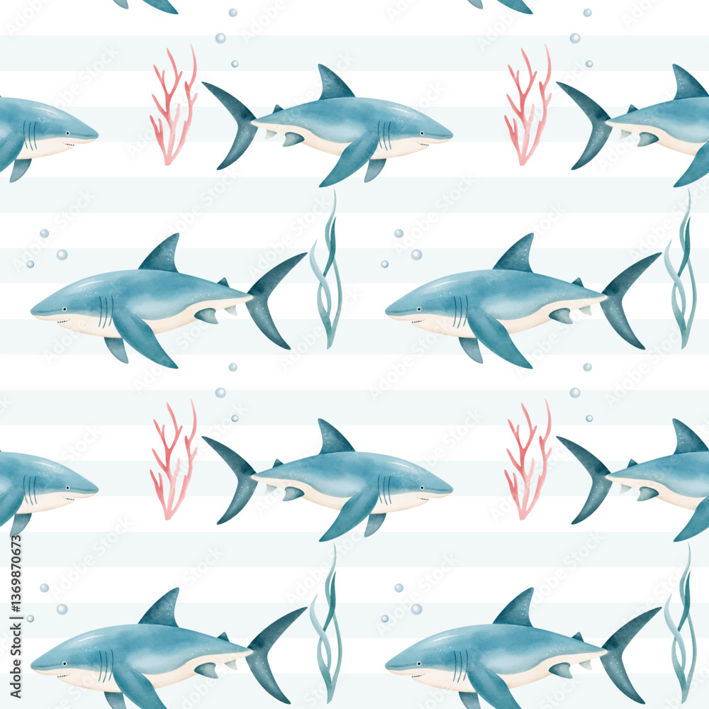 Obraz premium Seamless pattern with watercolor shark. Cute marine animals watercolor pattern. Hand drawn background with underwater characters.
