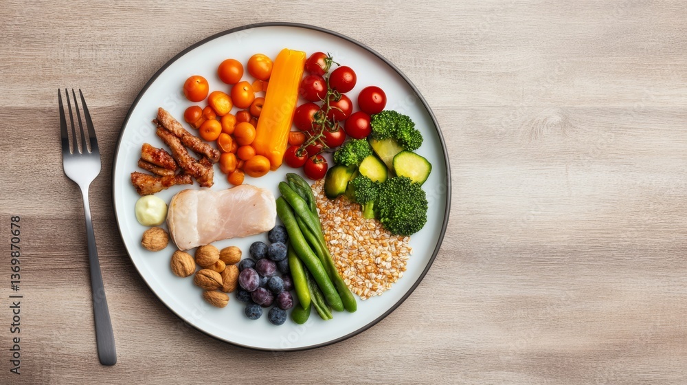 Balanced Plate Portion Controlled Meal with Vegetables, Protein, Nuts and Berries ,HealthyEating, Diet Balanced Plate Portion Controlled Meal with Vegetables, Protein, Nuts and Berries ,HealthyEating, Diet