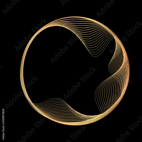 Abstract circle wave lines, gradient light equalizer gold wavy curve. Flowing dots particles round frame isolated on black background. Editable stroke. Luxury vector illustration with copy space