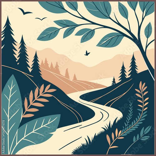 Tropical island beach landscape vector illustration with green floral leaf patterns with editable all