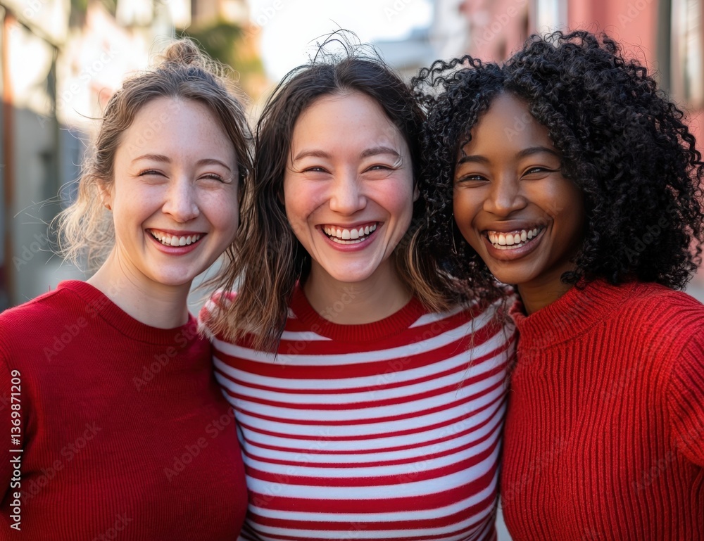 Fototapeta premium Three women happily pose for a picture on a lively city street