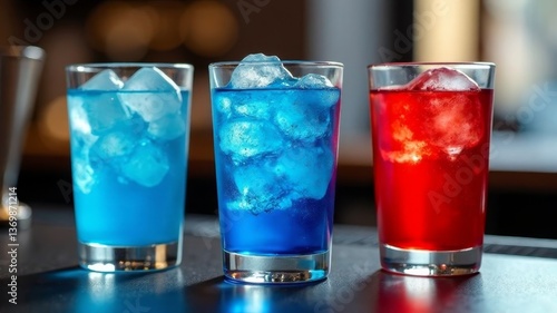 Colorful iced drinks in glasses on counter with blurred background in bar setting