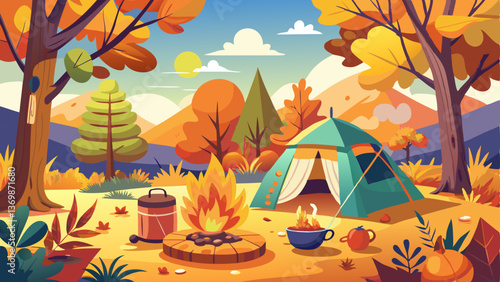 A charming fall camping setup with a tent, crackling fire, and grilled food under golden leaves