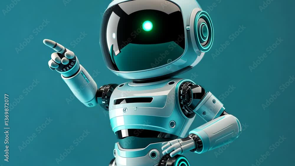 The futuristic robot, featuring a sleek design and a glowing green light, confidently points to the right, demonstrating its advanced capabilities and modern aesthetics. The futuristic robot, featuring a sleek design and a glowing green light, confidently points to the right, demonstrating its advanced capabilities and modern aesthetics.