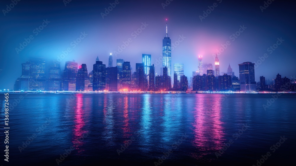 Fototapeta premium Nightfall in Manhattan: A Neon Dreamscape