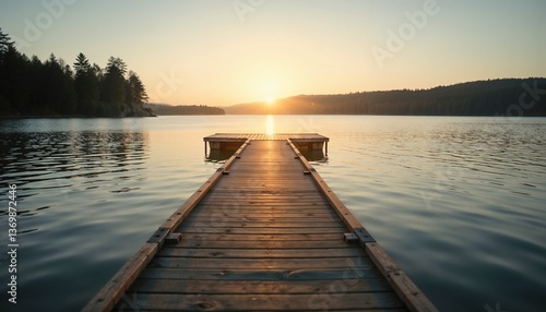 Wallpaper Mural Empty Wooden Pier Extending into Tranquil Lake, Gentle Ripples in Water, Soft Warm Light from Setting Sun, Serene and Peaceful Atmosphere Torontodigital.ca