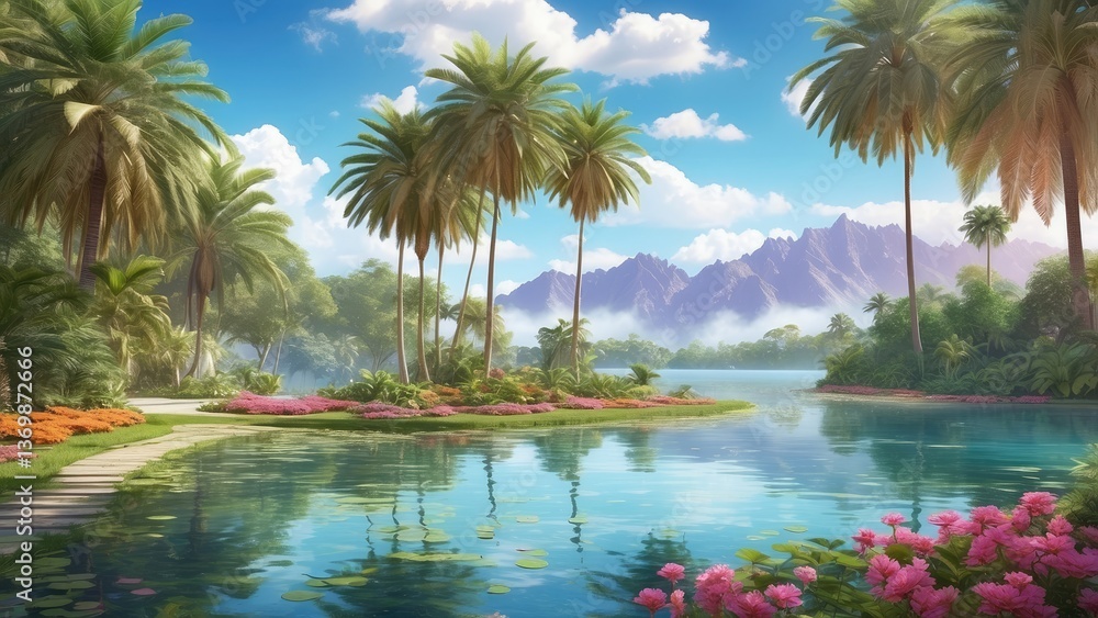 Fototapeta premium A serene park scene featuring a tranquil water body surrounded by lush greenery.