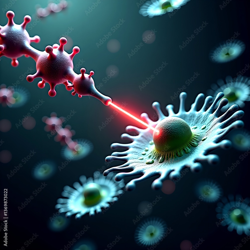 Naklejka premium Microscopic view of laser treatment targeting a virus cell among other cells Advanced medical technology image