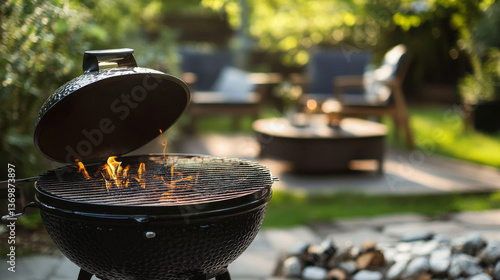 A close-up shot of an open barbecue grill positioned on an outdoor patio