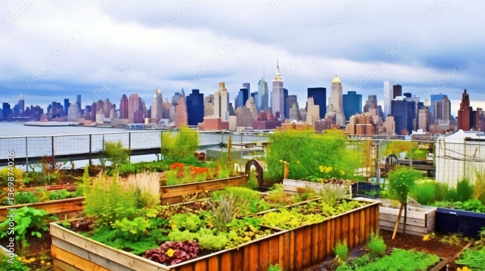 Fototapeta premium Urban Rooftop Garden with City Skyline View
